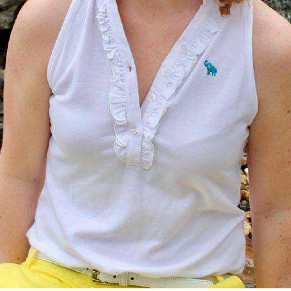 Tracy Negoshian White Ruffle Polo with Blue Accent
